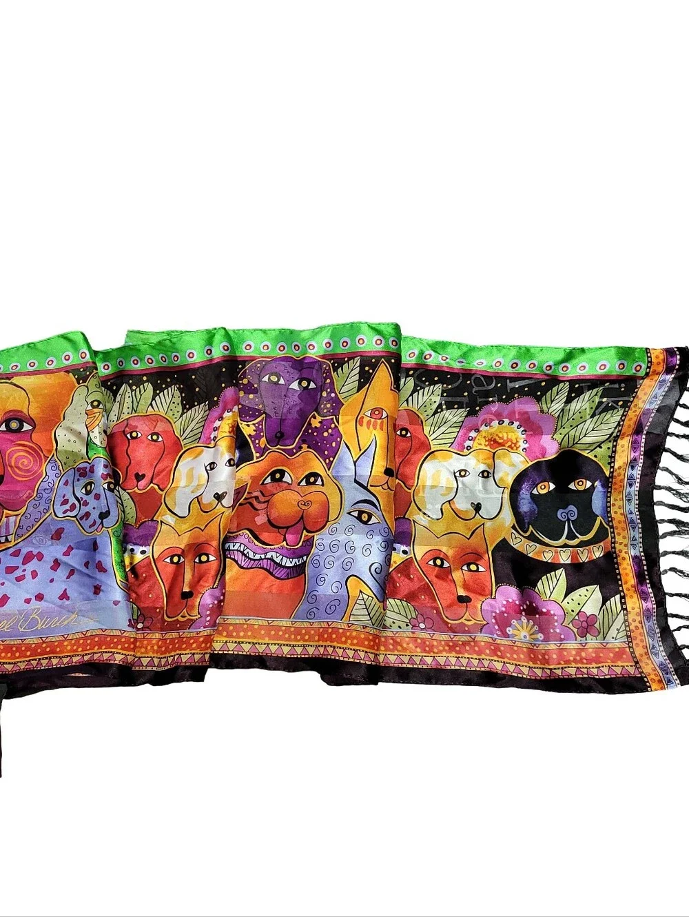 Laurel Burch 100% Silk Dog Print Scarf Tassel Hem Whimsical Art